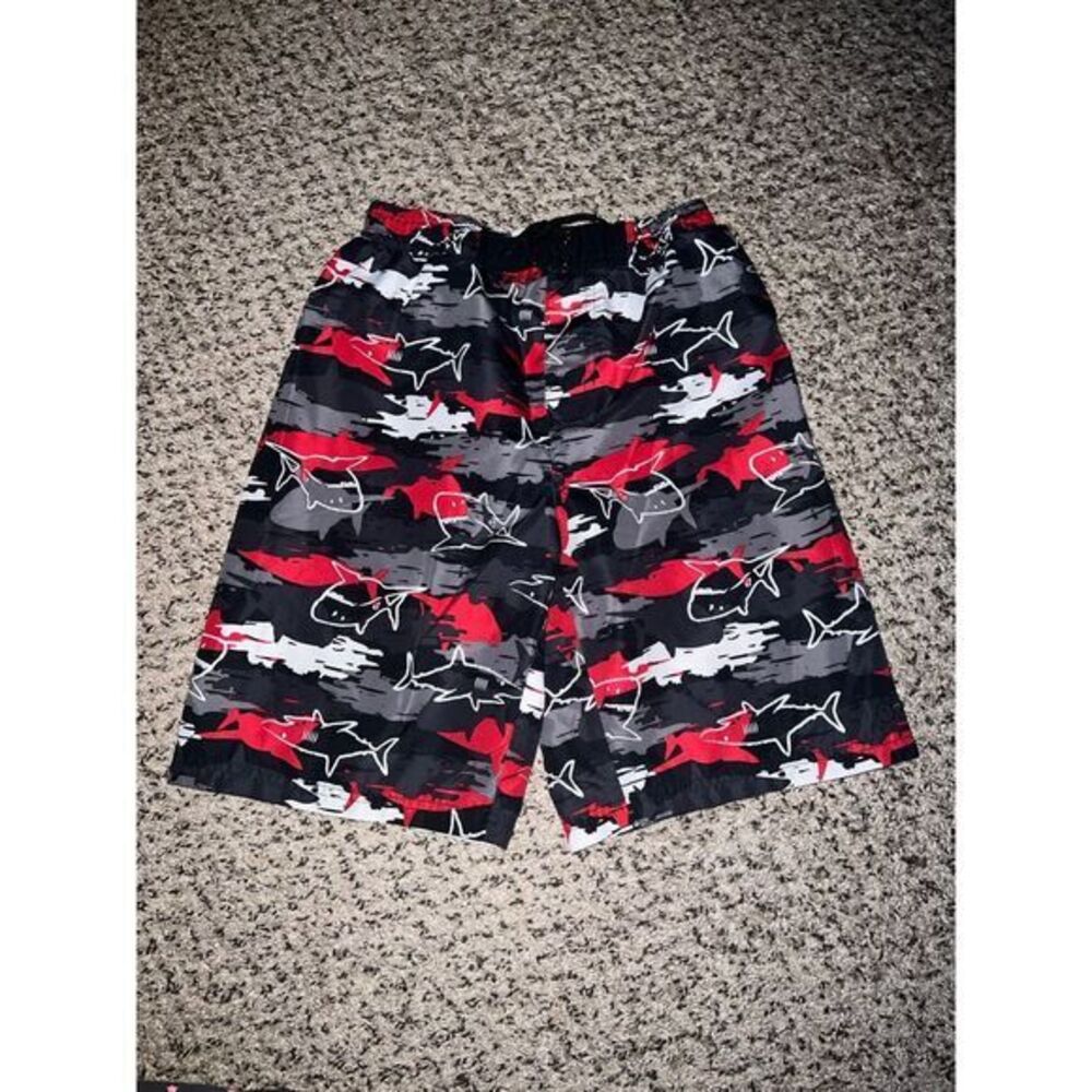 Op boys red/black/gray shark swimming trunks size 10/12‎